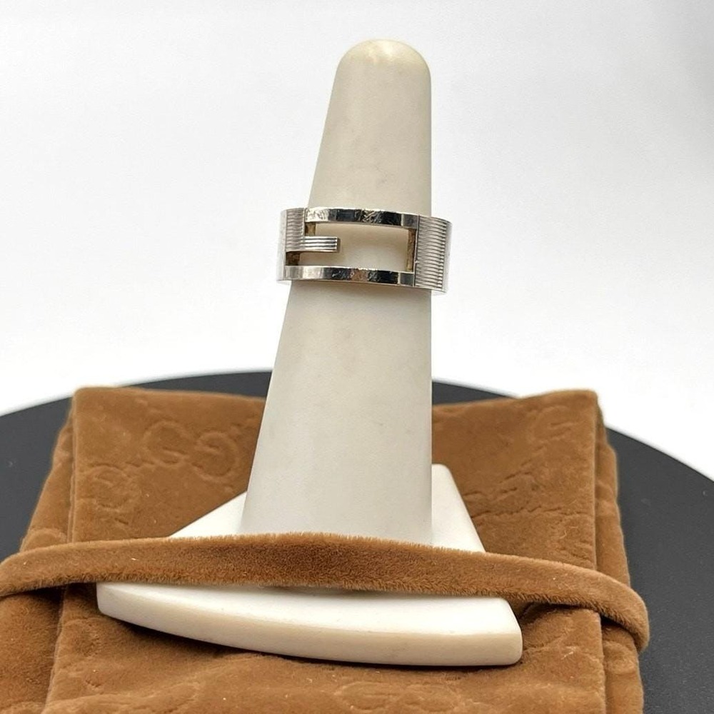 Gucci Signed Designer Sterling Silver Logo G cutout Ribbed Thick‎ Ring Sz 5.75
